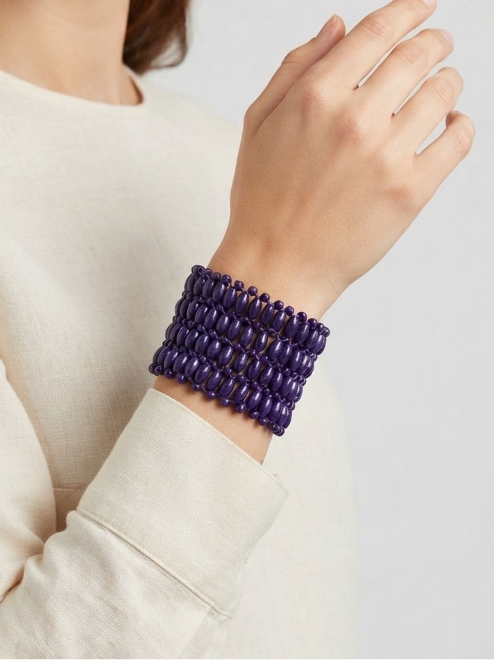 Purple Wooden Bead Stretch Cuff Bracelet | Wide Boho Statement Bracelet